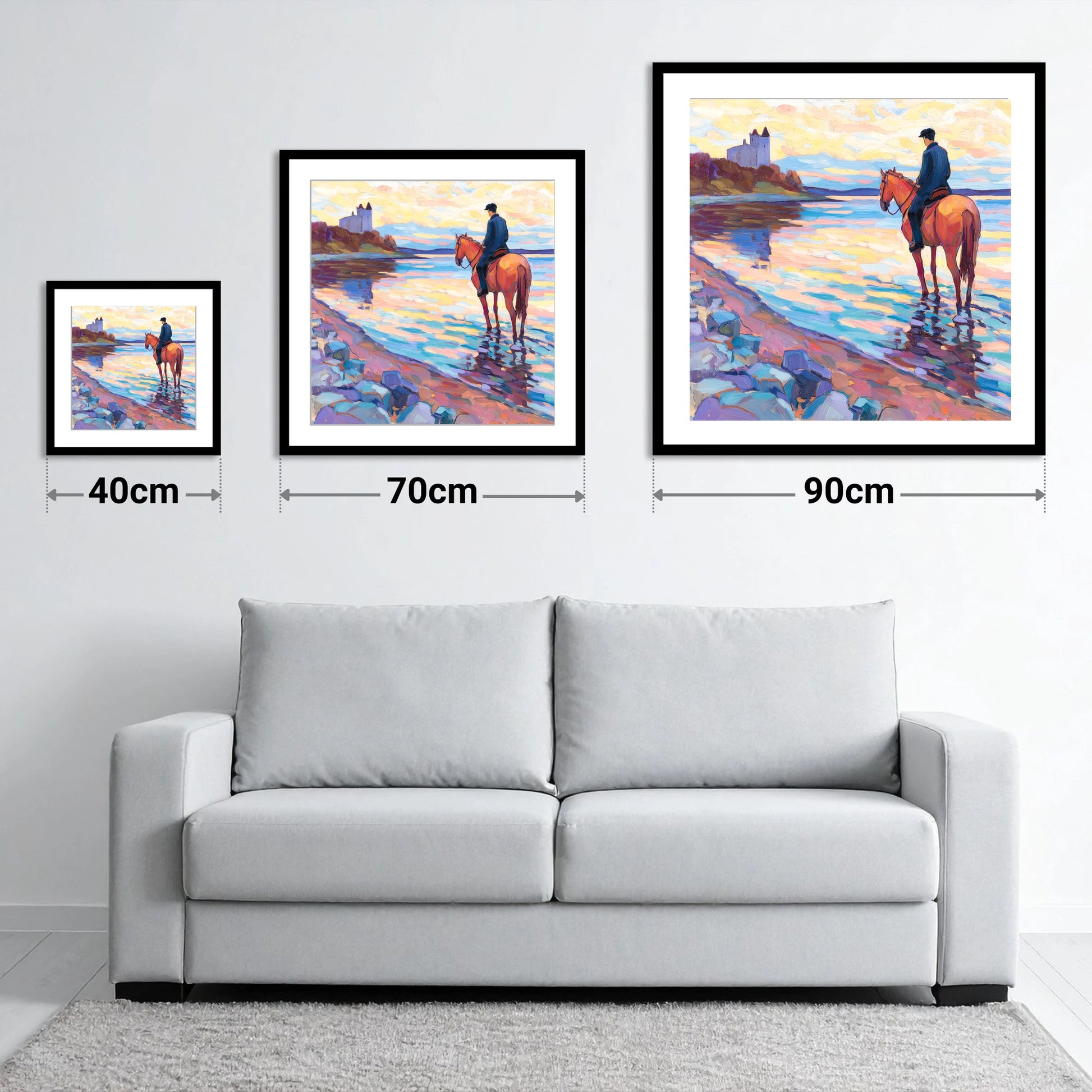 Rider at Castle Bay - size guide showing 40cm, 70cm and 90cm art prints