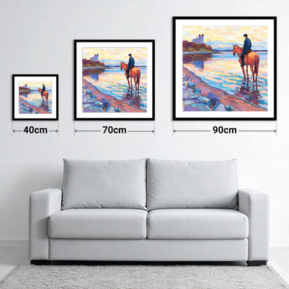 Rider at Castle Bay - size guide showing 40cm, 70cm and 90cm art prints