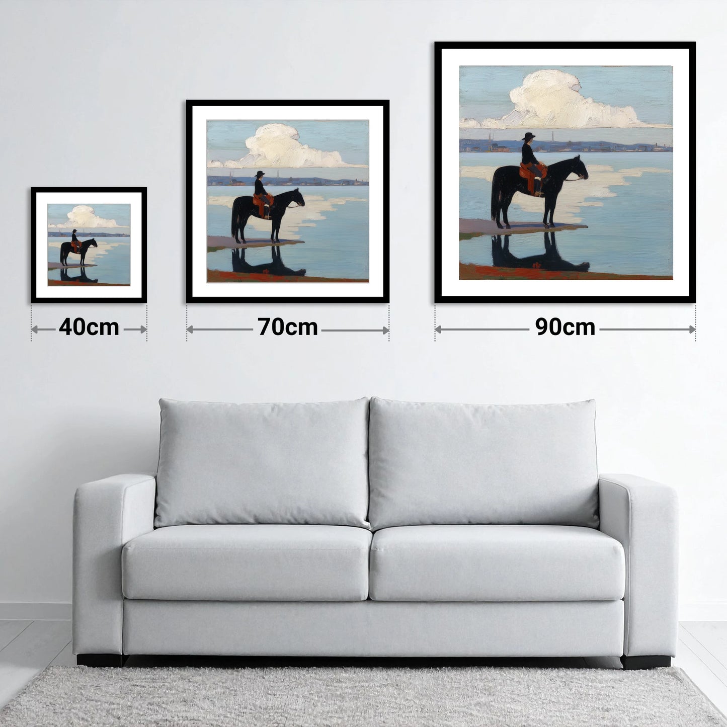 Solitude at the Shore - size guide showing 40cm, 70cm and 90cm art prints