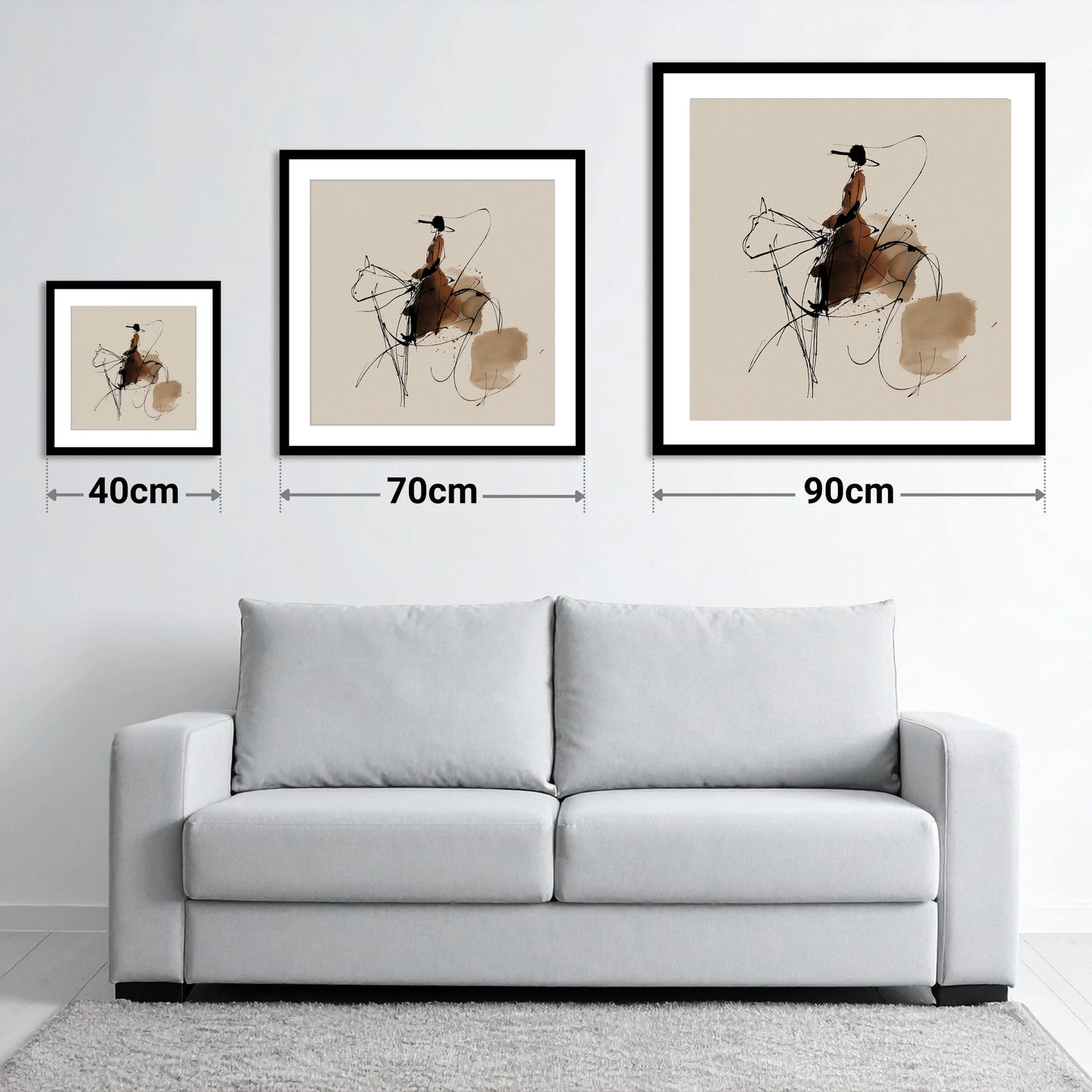 The Sepia Rider - size guide showing 40cm, 70cm and 90cm art prints