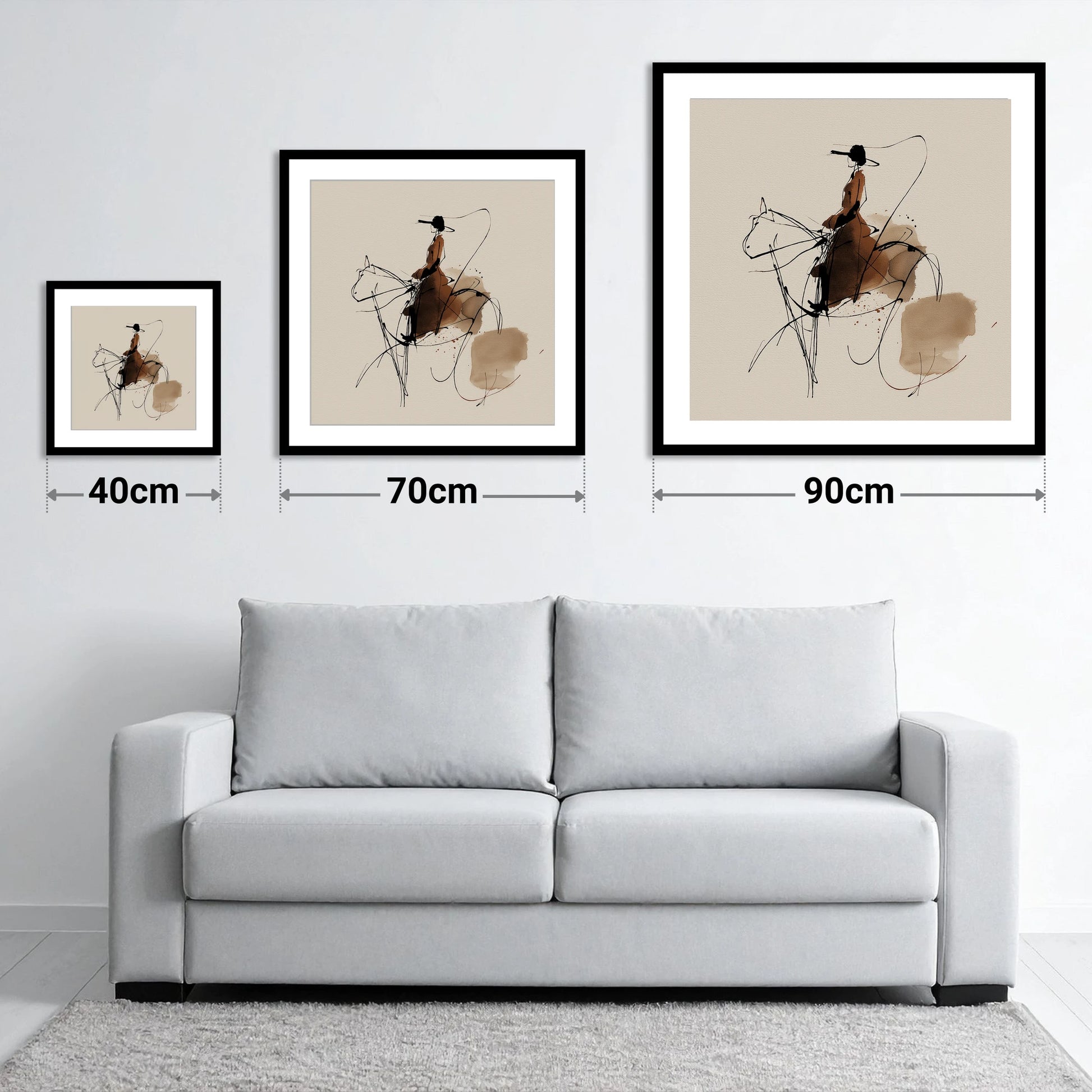 The Sepia Rider - size guide showing 40cm, 70cm and 90cm art prints