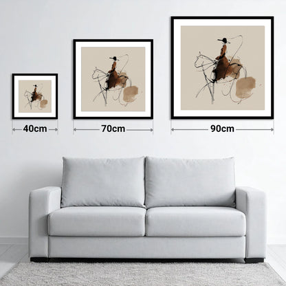 The Sepia Rider - size guide showing 40cm, 70cm and 90cm art prints