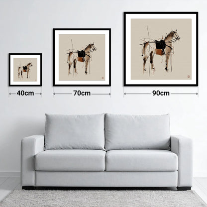 Saddled Equine Silhouette - size guide showing 40cm, 70cm and 90cm art prints