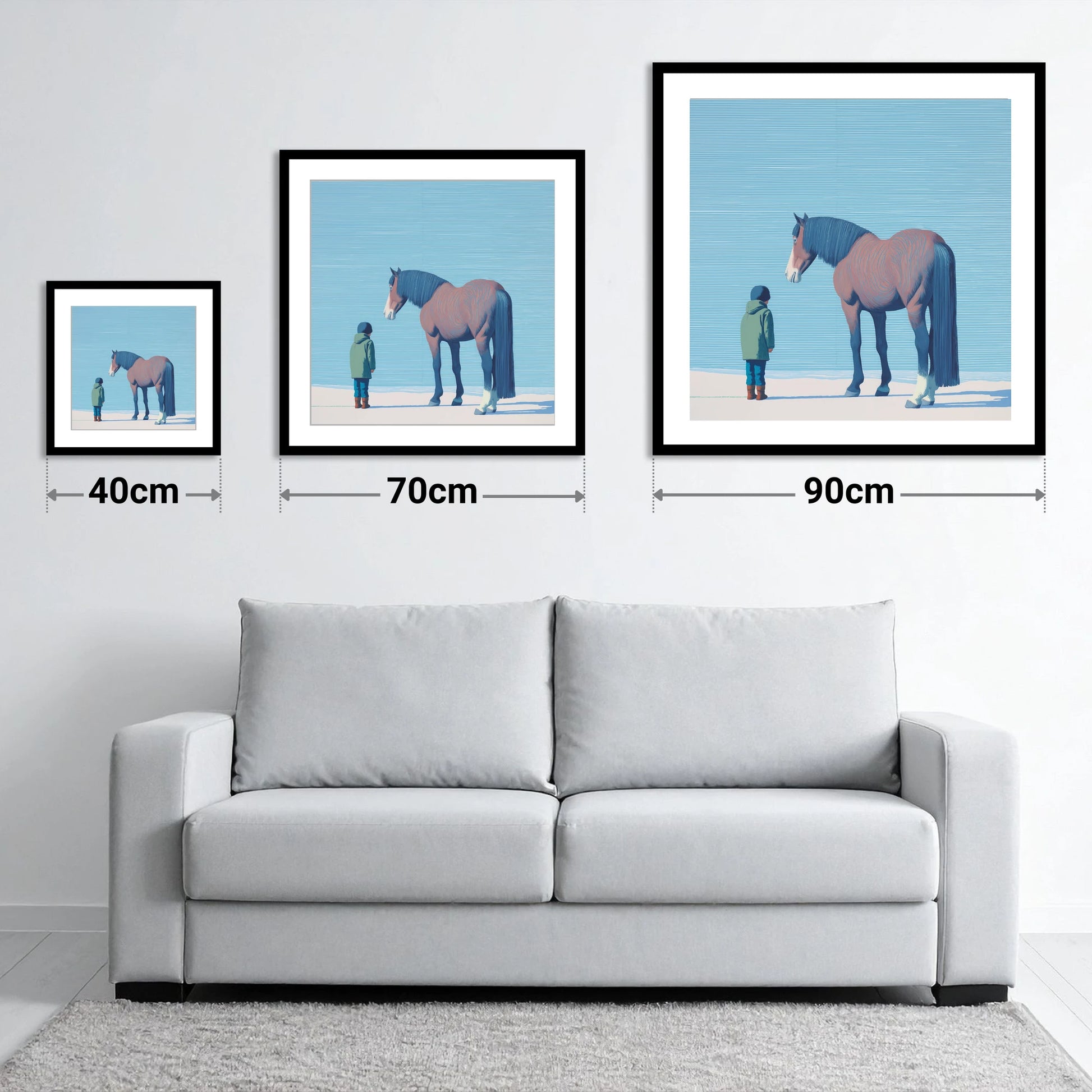 A Quiet Understanding - size guide showing 40cm, 70cm and 90cm art prints