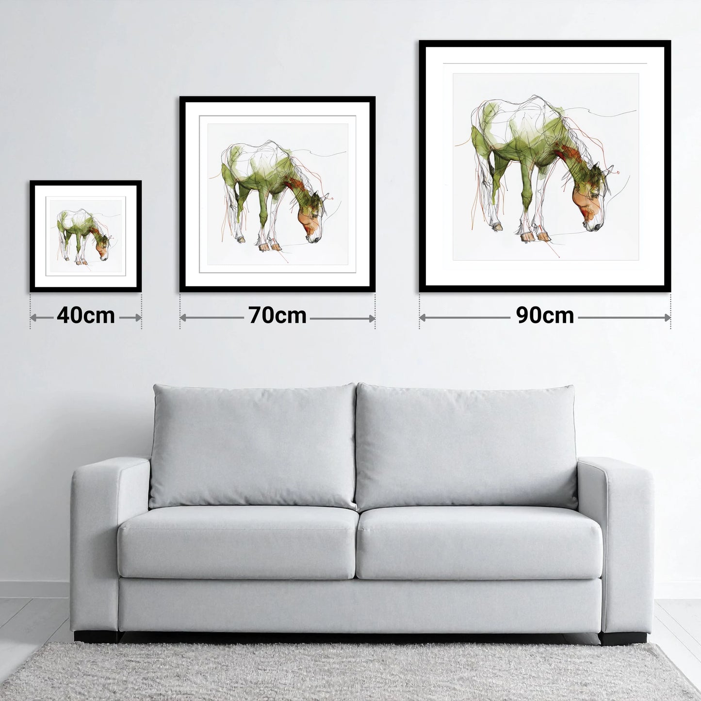 The Quiet Grazer - size guide showing 40cm, 70cm and 90cm art prints