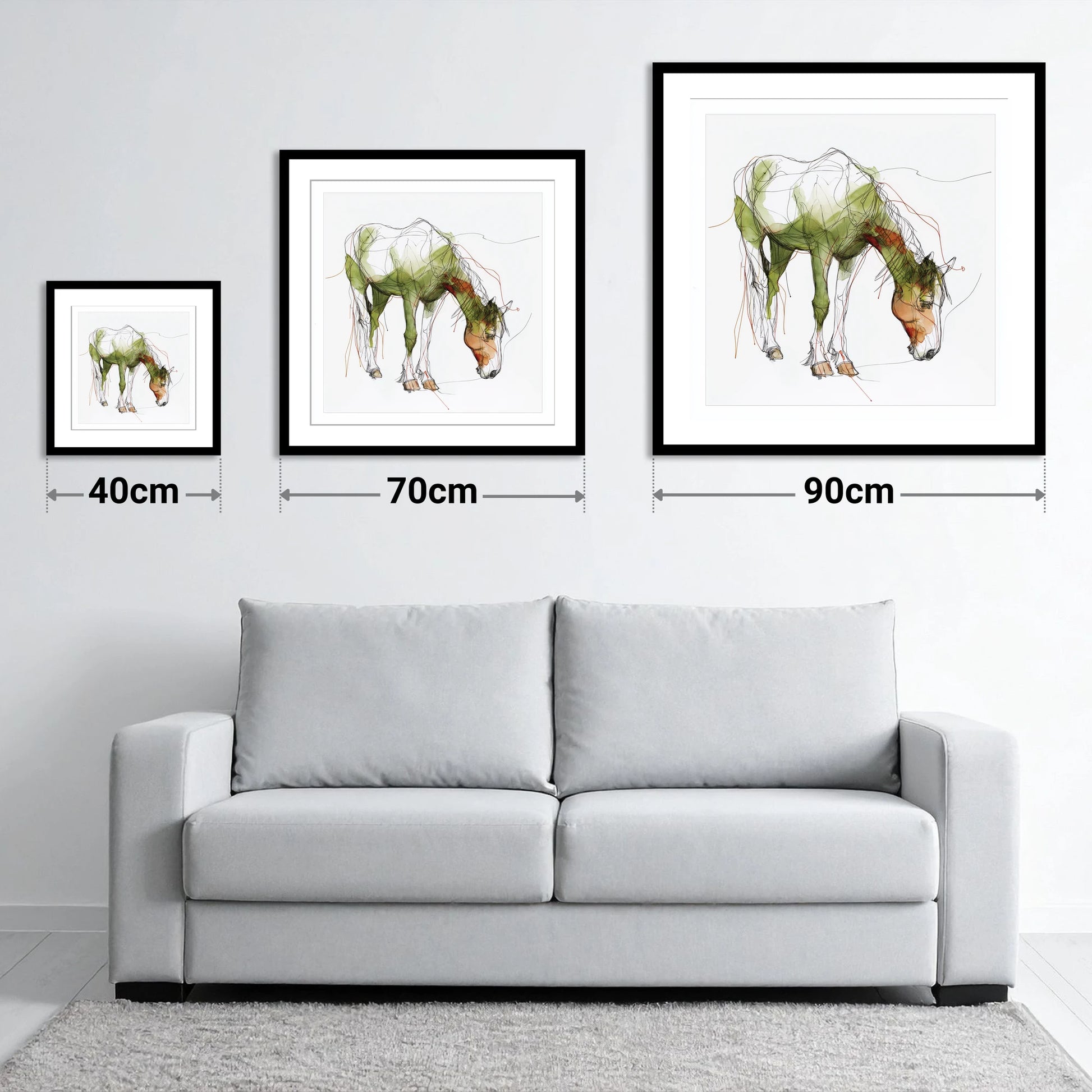The Quiet Grazer - size guide showing 40cm, 70cm and 90cm art prints
