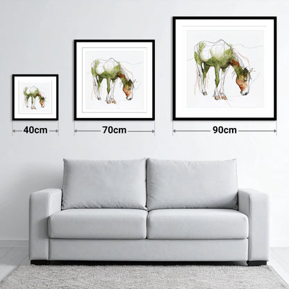 The Quiet Grazer - size guide showing 40cm, 70cm and 90cm art prints