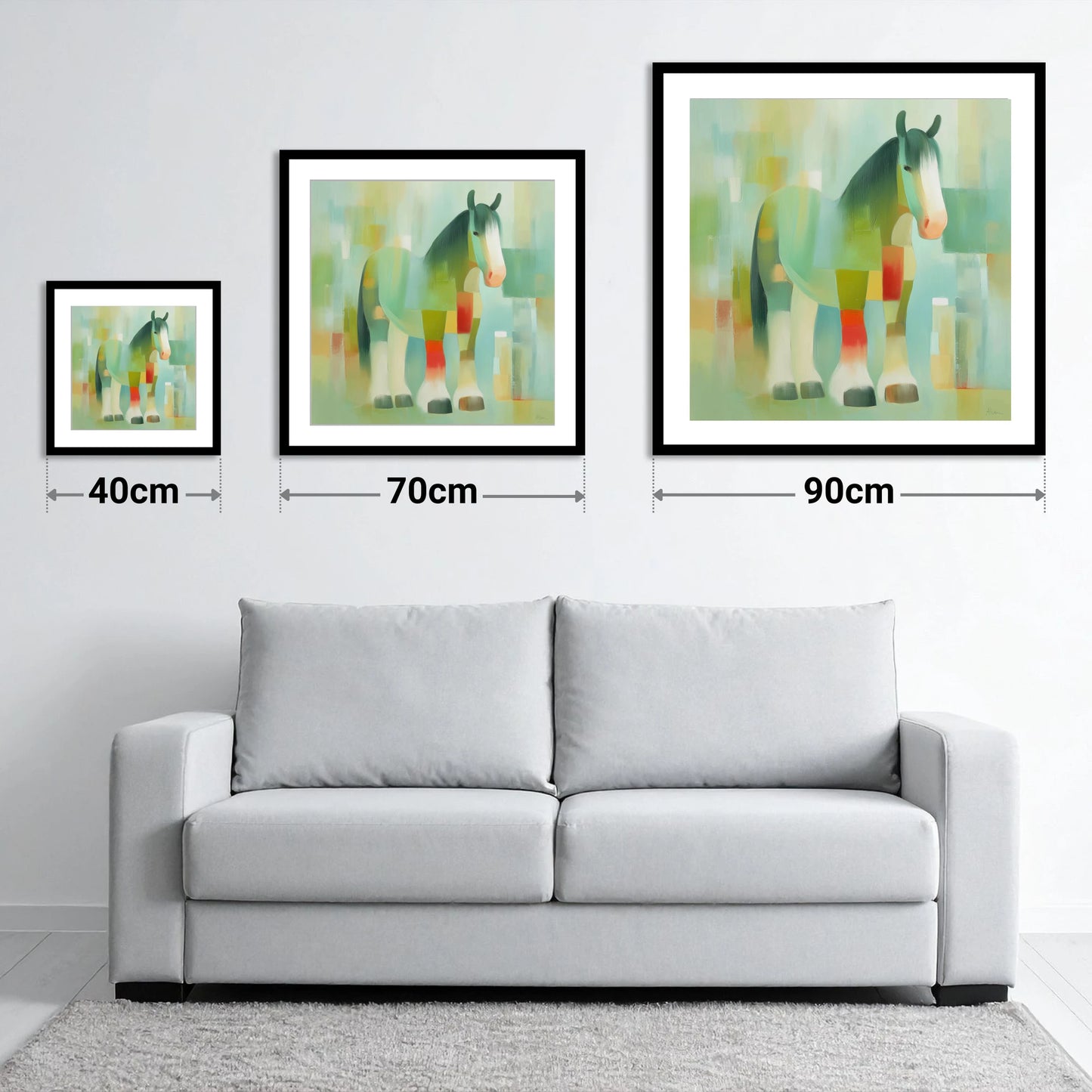 Geometric Gentle Giant - size guide showing 40cm, 70cm and 90cm art prints