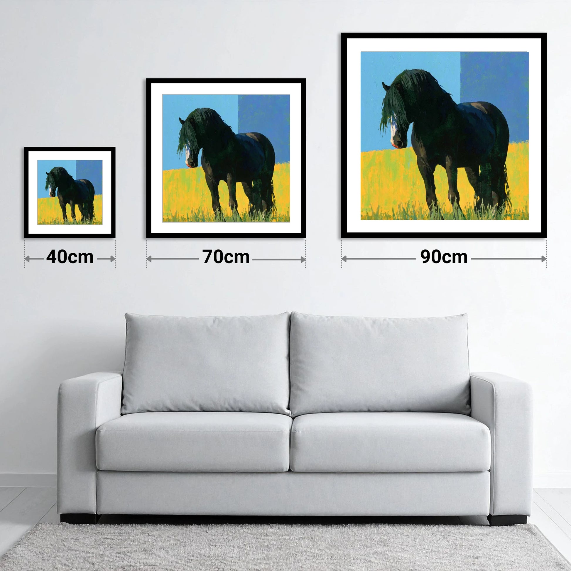 Black Cob in Yellow Field - size guide showing 40cm, 70cm and 90cm art prints