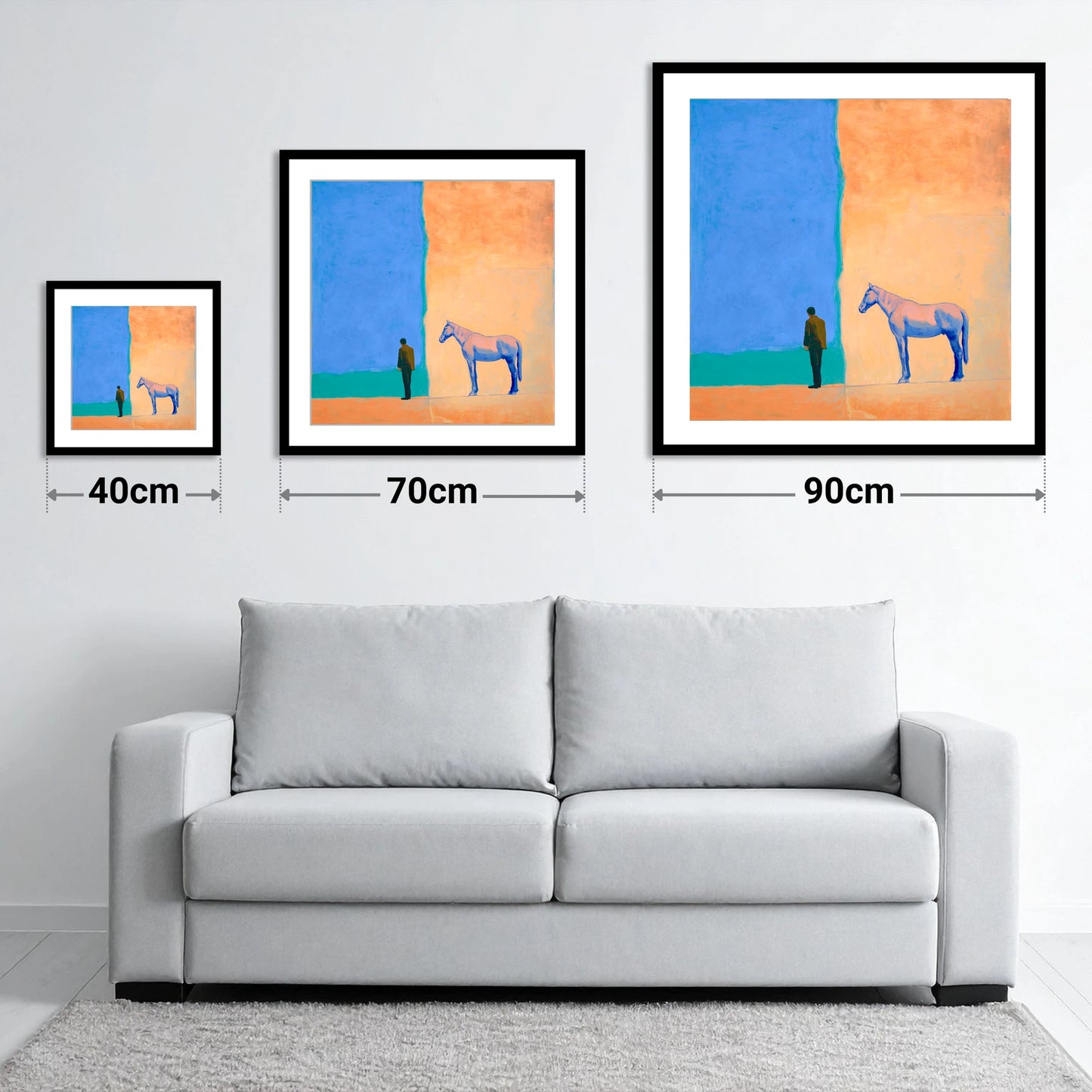 Between Blue and Sand - size guide showing 40cm, 70cm and 90cm art prints