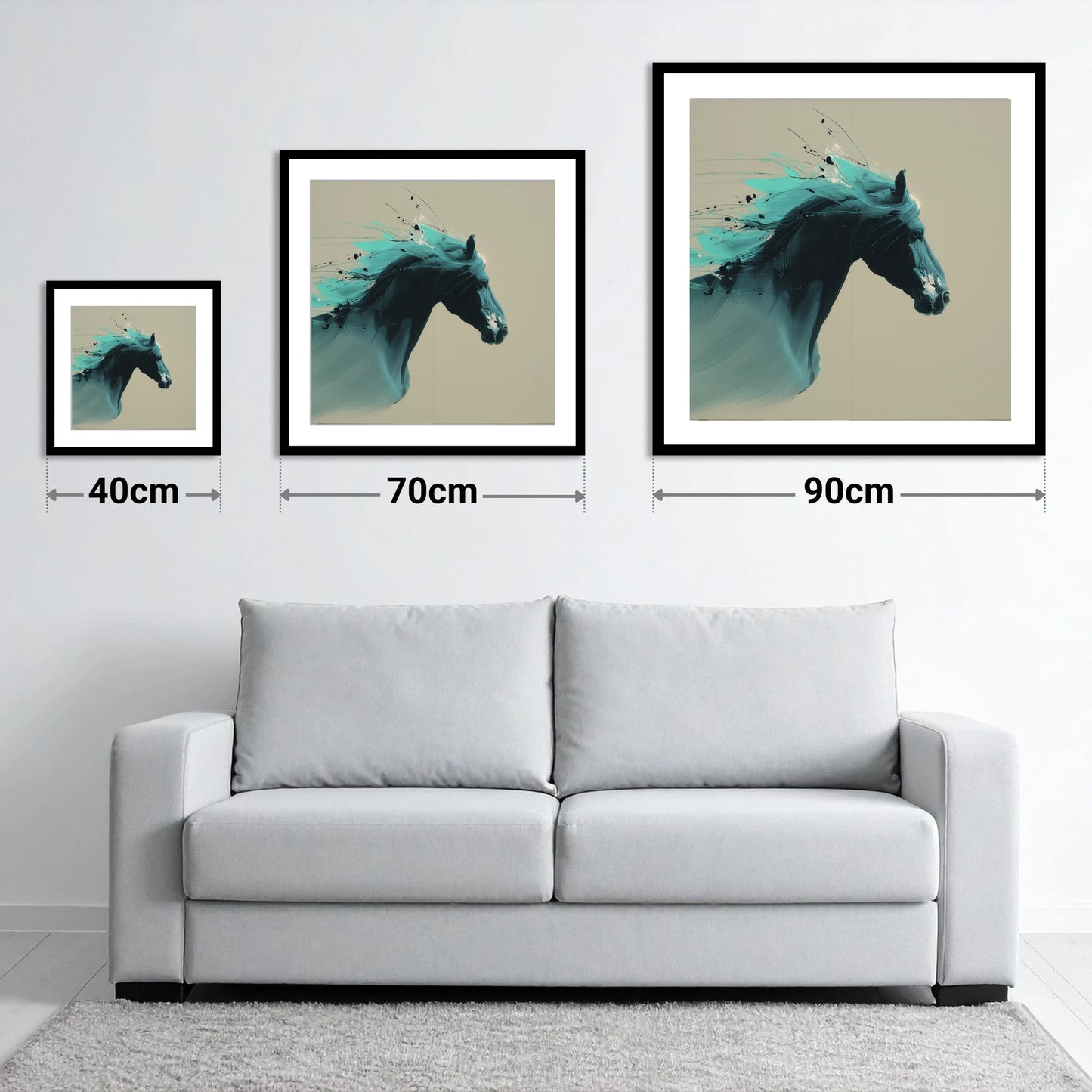 Teal Tempest - size guide showing 40cm, 70cm and 90cm art prints