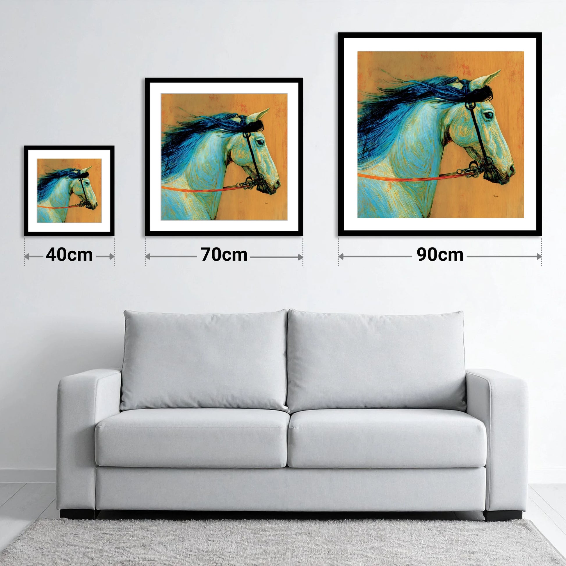 Cerulean Spirit - size guide showing 40cm, 70cm and 90cm art prints