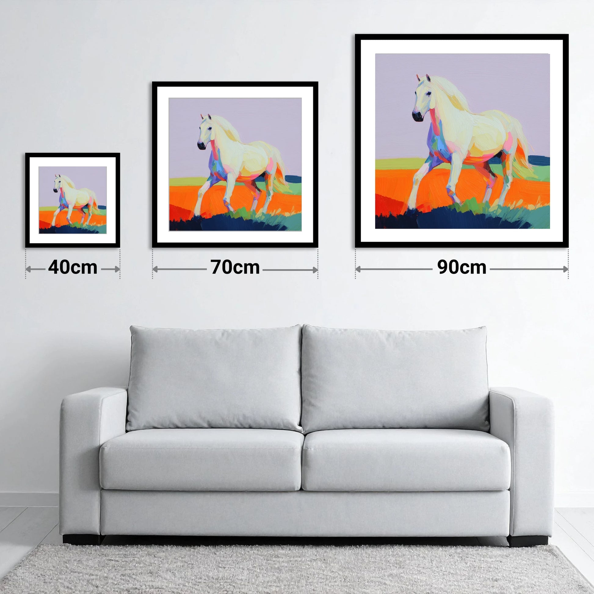 Vibrant Stride - size guide showing 40cm, 70cm and 90cm art prints