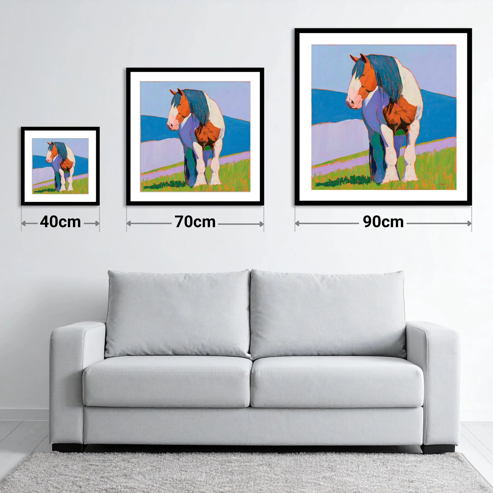 Vibrant Coloured Heavy Horse - size guide showing 40cm, 70cm and 90cm art prints