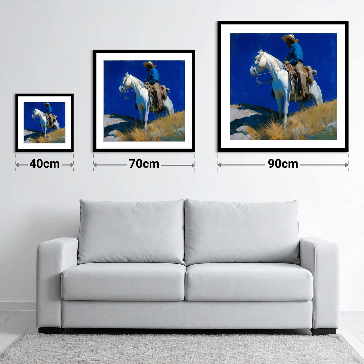 Cobalt Sky Rider - size guide showing 40cm, 70cm and 90cm art prints
