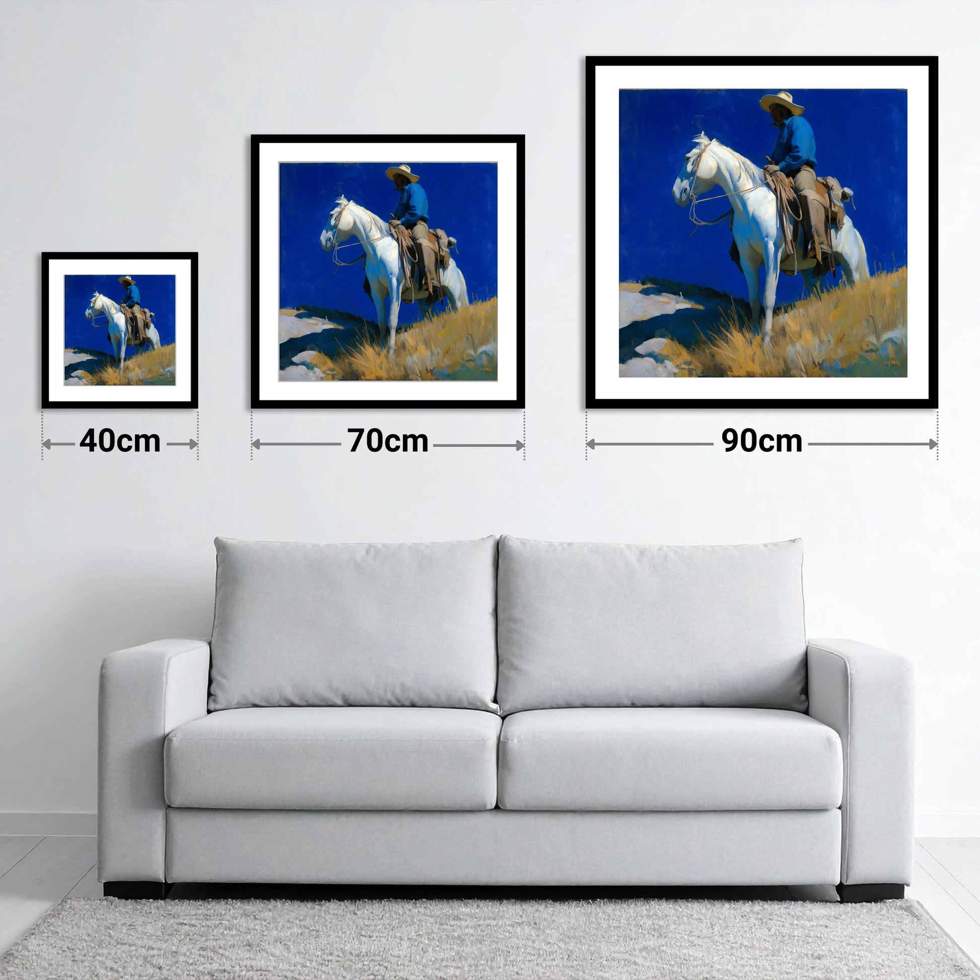 Cobalt Sky Rider - size guide showing 40cm, 70cm and 90cm art prints