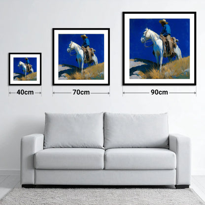 Cobalt Sky Rider - size guide showing 40cm, 70cm and 90cm art prints