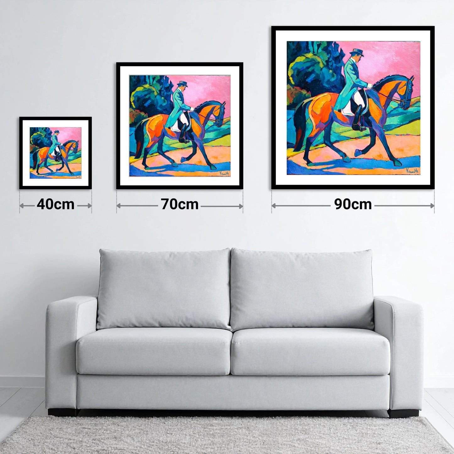 Bold Dressage Harmony - size guide showing 40cm, 70cm and 90cm art prints