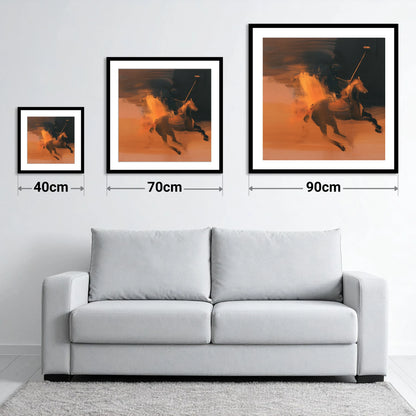 Amber Polo Strike - size guide showing 40cm, 70cm and 90cm art prints