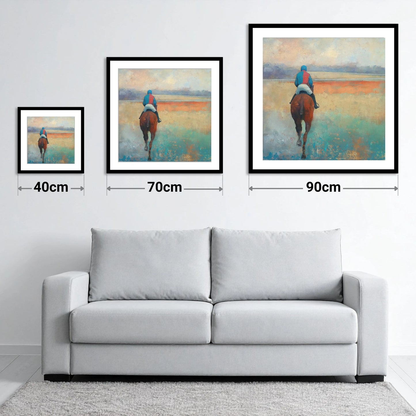 Towards the Start - size guide showing 40cm, 70cm and 90cm art prints