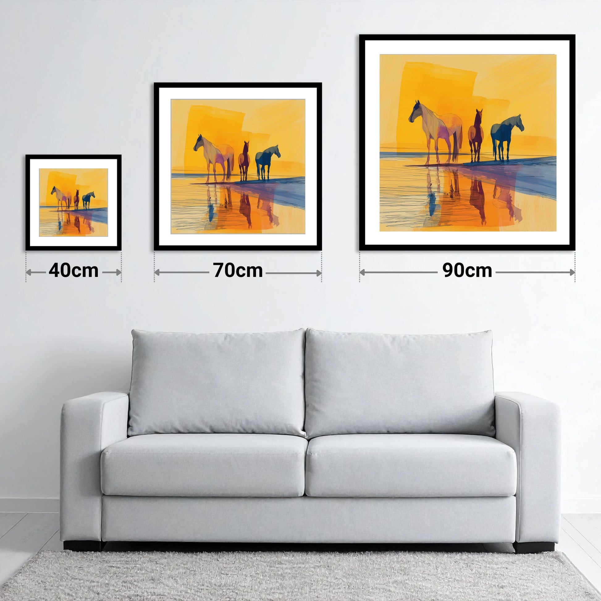 Amber Horizon Horses - size guide showing 40cm, 70cm and 90cm art prints