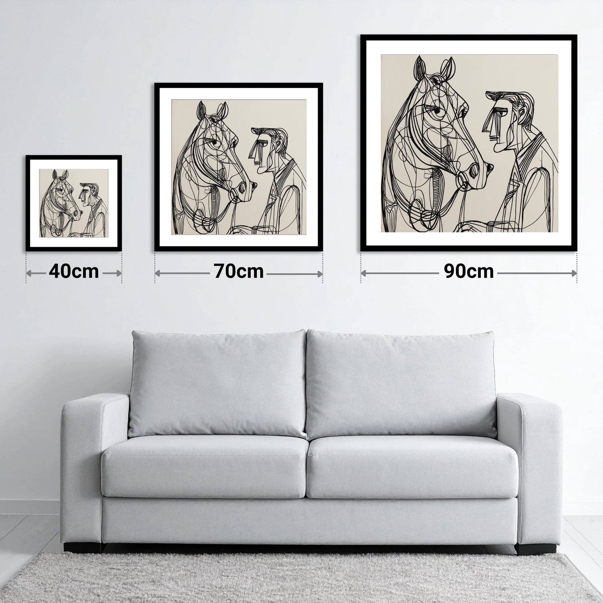 Modern Connection - size guide showing 40cm, 70cm and 90cm art prints