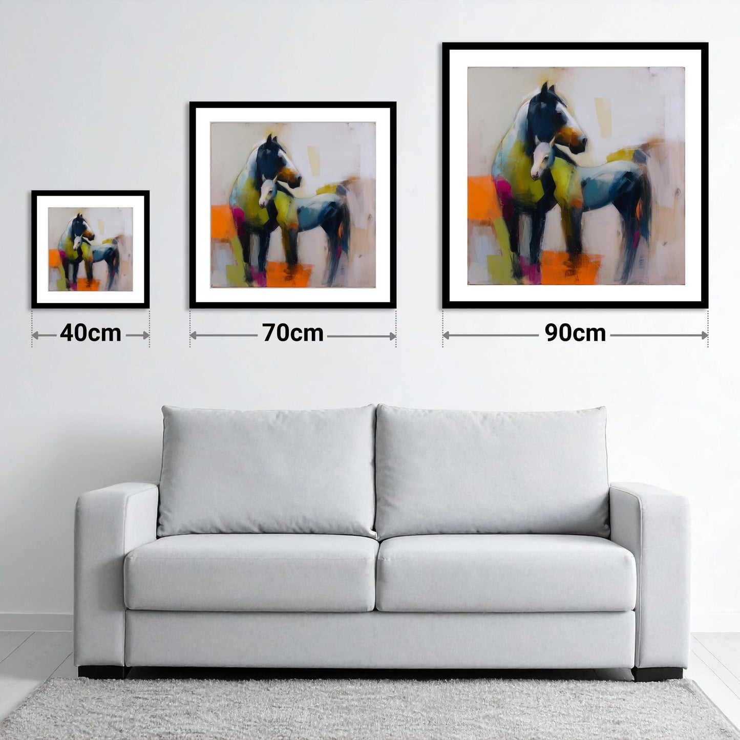 Vibrant Mare and Foal - size guide showing 40cm, 70cm and 90cm art prints