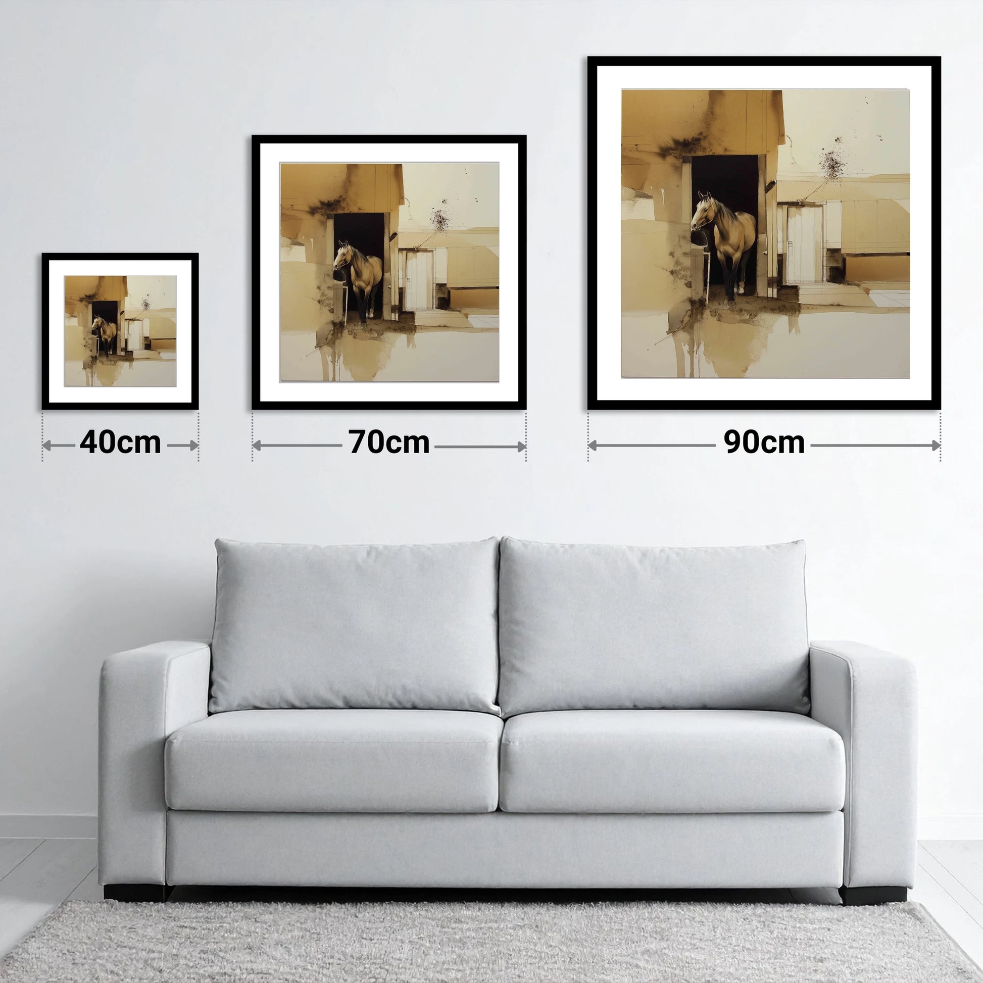 Sepia Stable Threshold - size guide showing 40cm, 70cm and 90cm art prints