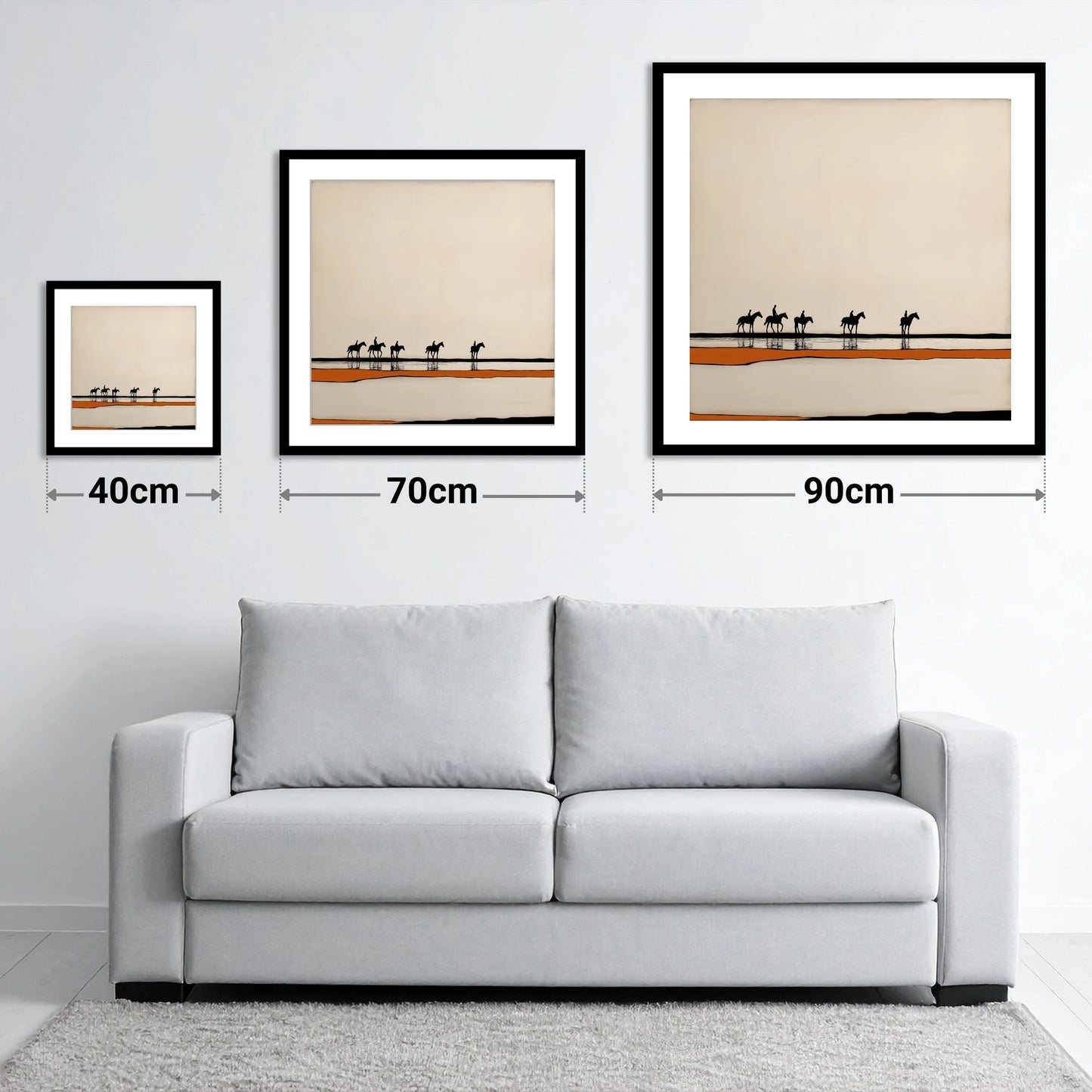 The Long Hack Home - size guide showing 40cm, 70cm and 90cm art prints