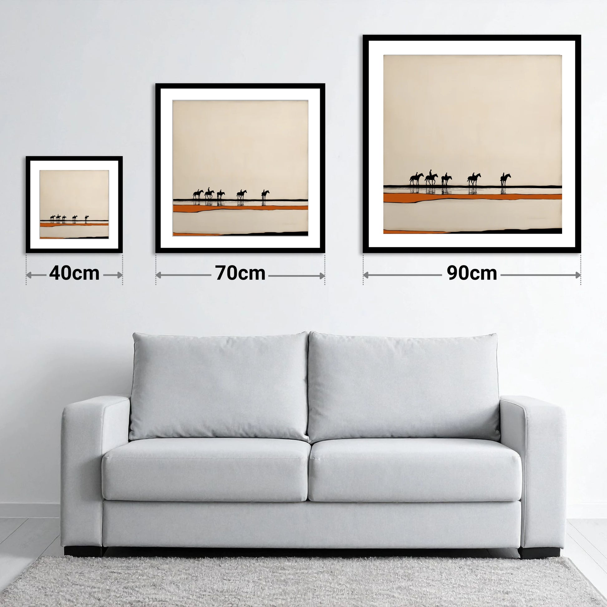 The Long Hack Home - size guide showing 40cm, 70cm and 90cm art prints