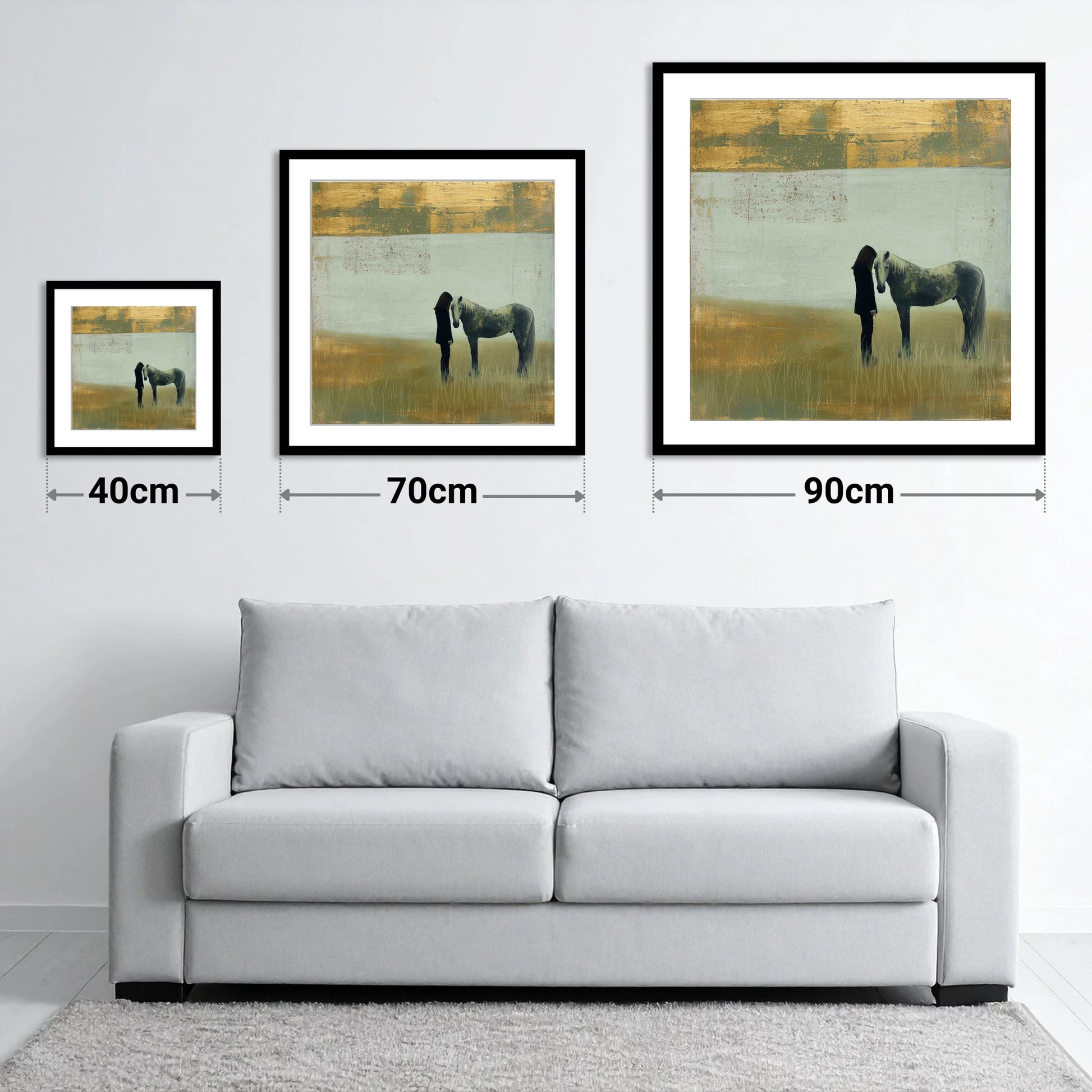 Silent Understanding - size guide showing 40cm, 70cm and 90cm art prints