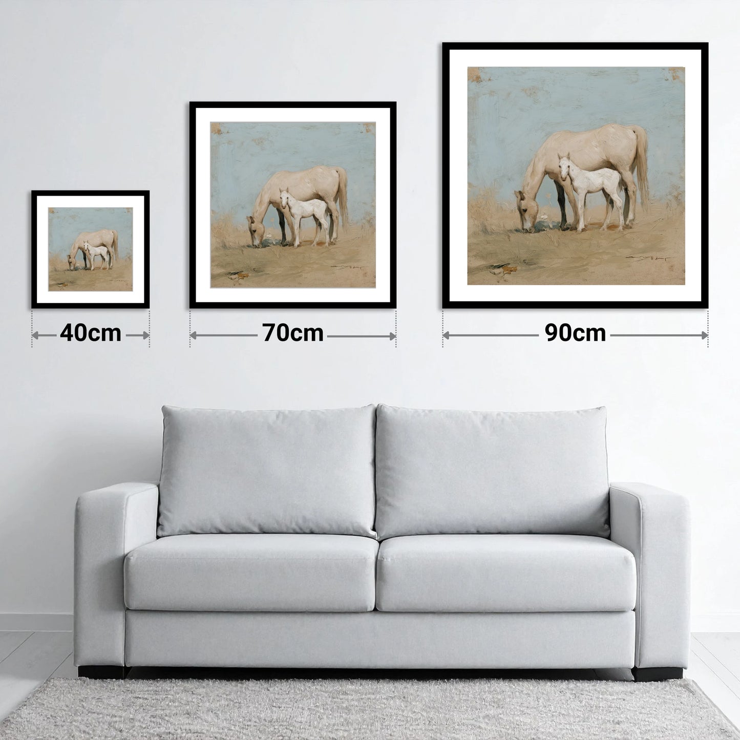 Chalk White Companions - size guide showing 40cm, 70cm and 90cm art prints