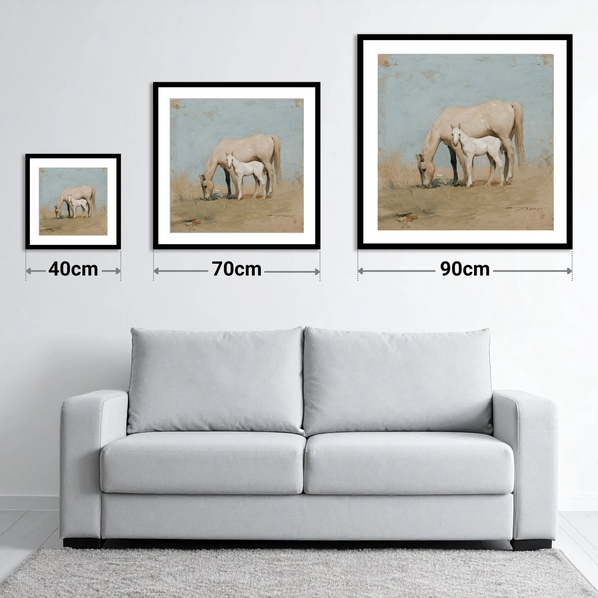 Chalk White Companions - size guide showing 40cm, 70cm and 90cm art prints