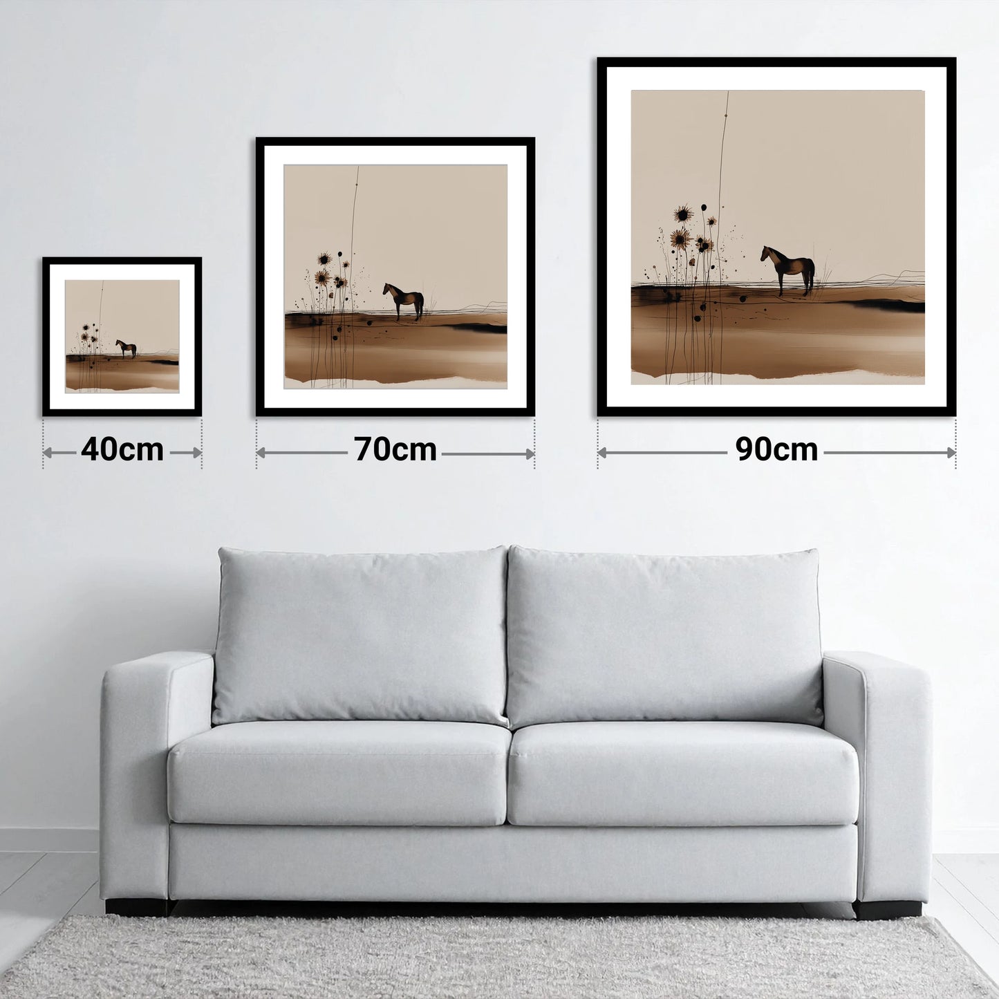 Stillness in Sepia - size guide showing 40cm, 70cm and 90cm art prints