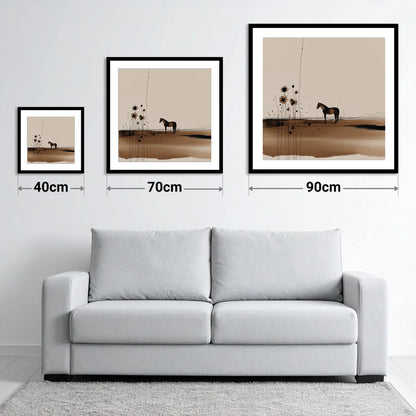 Stillness in Sepia - size guide showing 40cm, 70cm and 90cm art prints