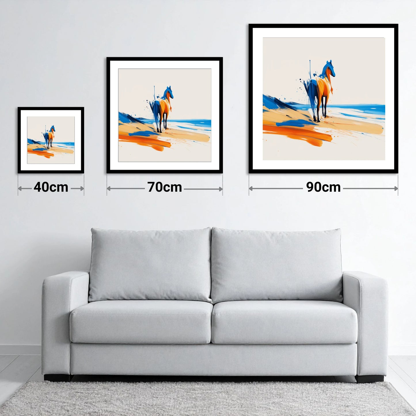 Azure Shoreline Spirit - size guide showing 40cm, 70cm and 90cm art prints