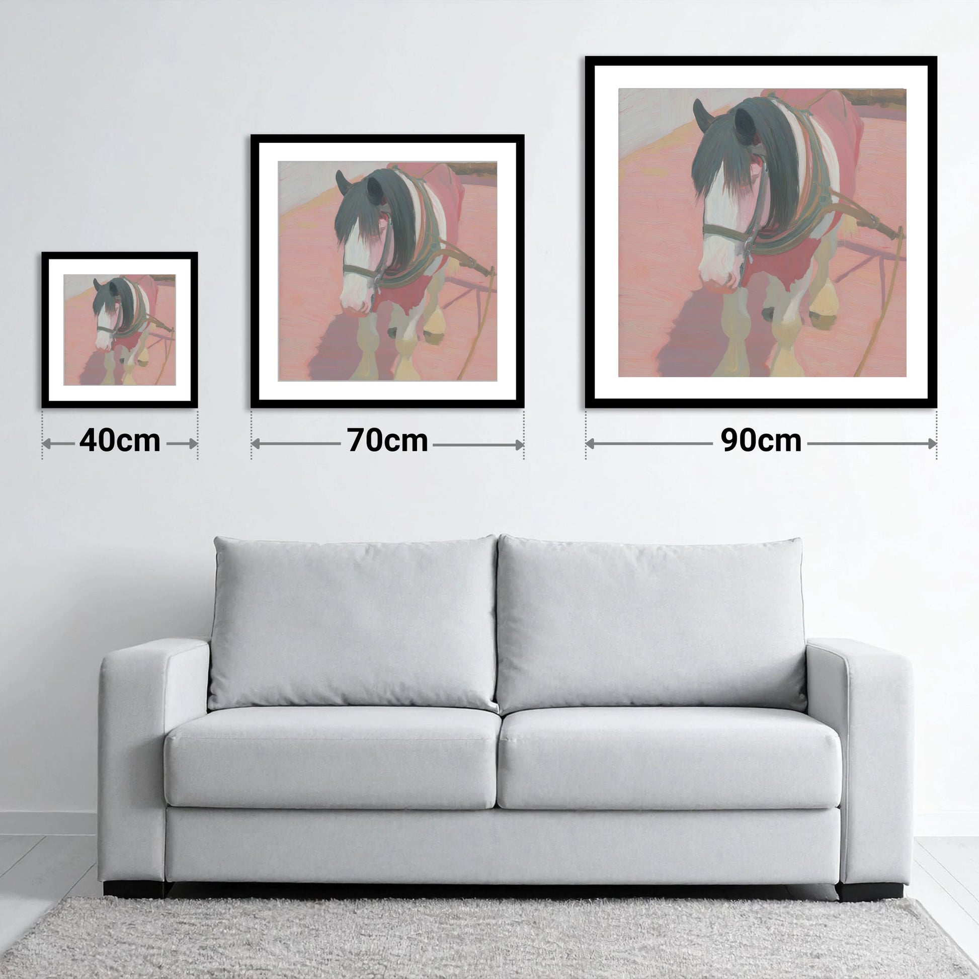 The Patient Draught - size guide showing 40cm, 70cm and 90cm art prints
