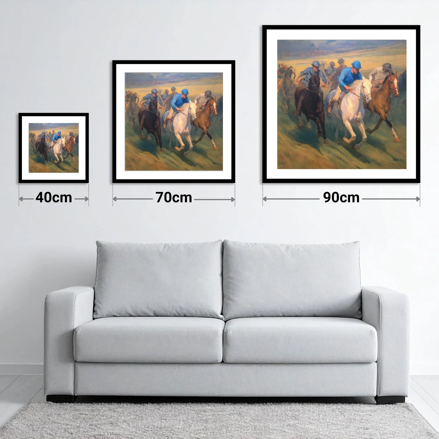 The Blue Silks - size guide showing 40cm, 70cm and 90cm art prints