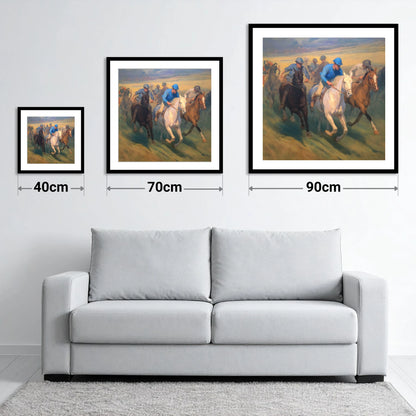 The Blue Silks - size guide showing 40cm, 70cm and 90cm art prints