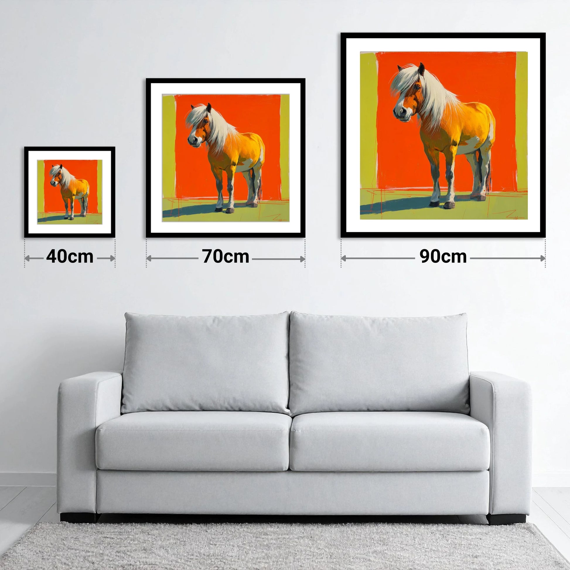 The Golden Haflinger - size guide showing 40cm, 70cm and 90cm art prints