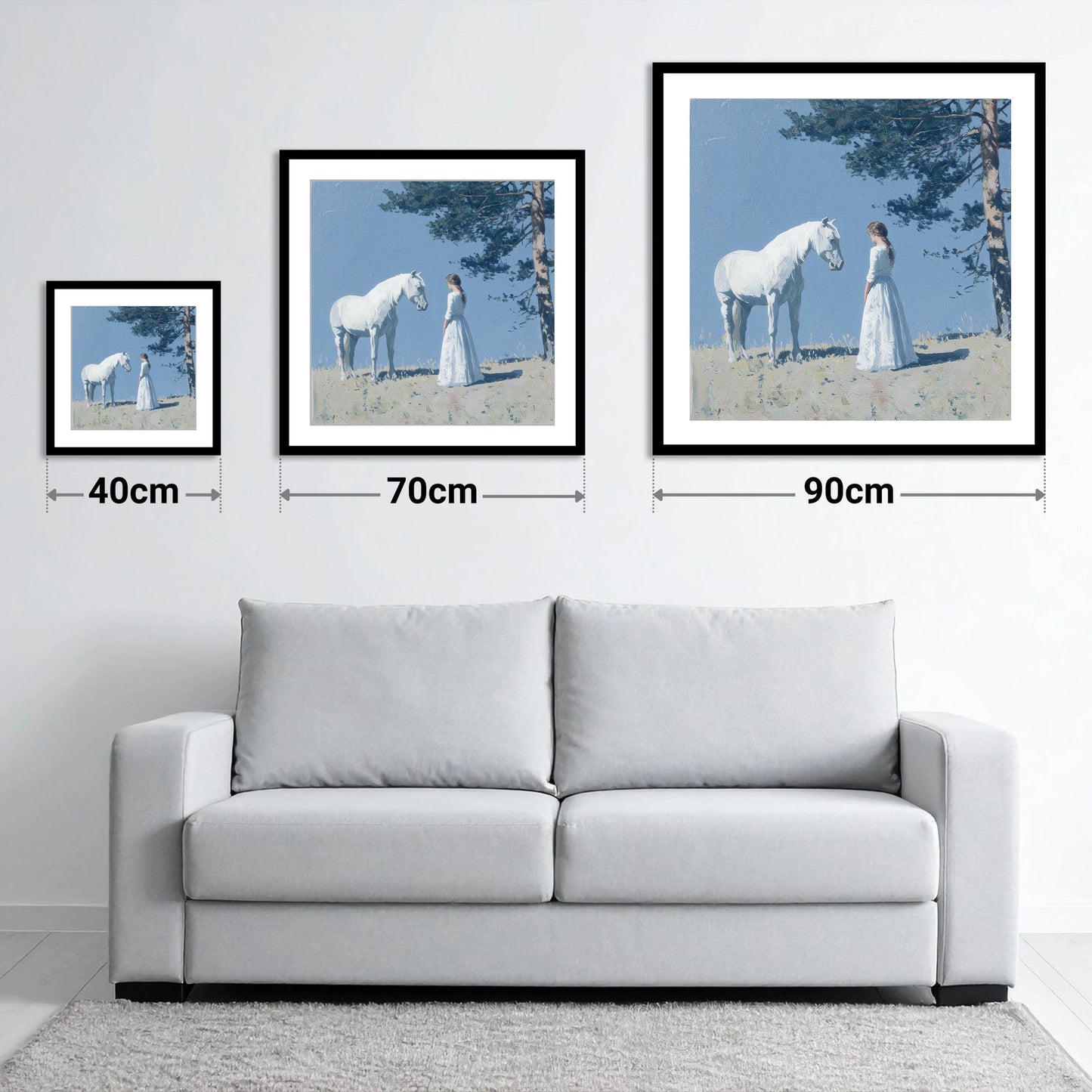 Beneath the Summer Pine - size guide showing 40cm, 70cm and 90cm art prints