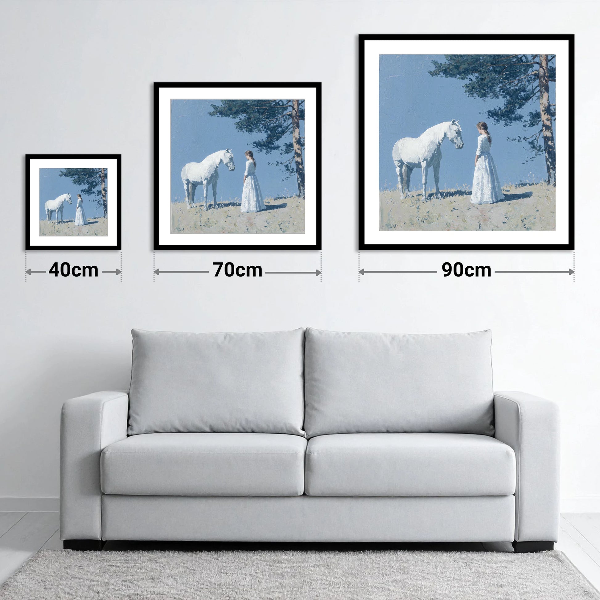 Beneath the Summer Pine - size guide showing 40cm, 70cm and 90cm art prints