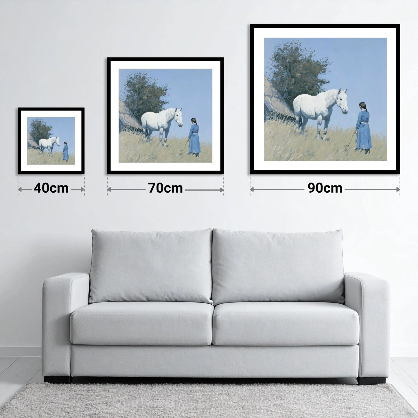 A Quiet Understanding - size guide showing 40cm, 70cm and 90cm art prints