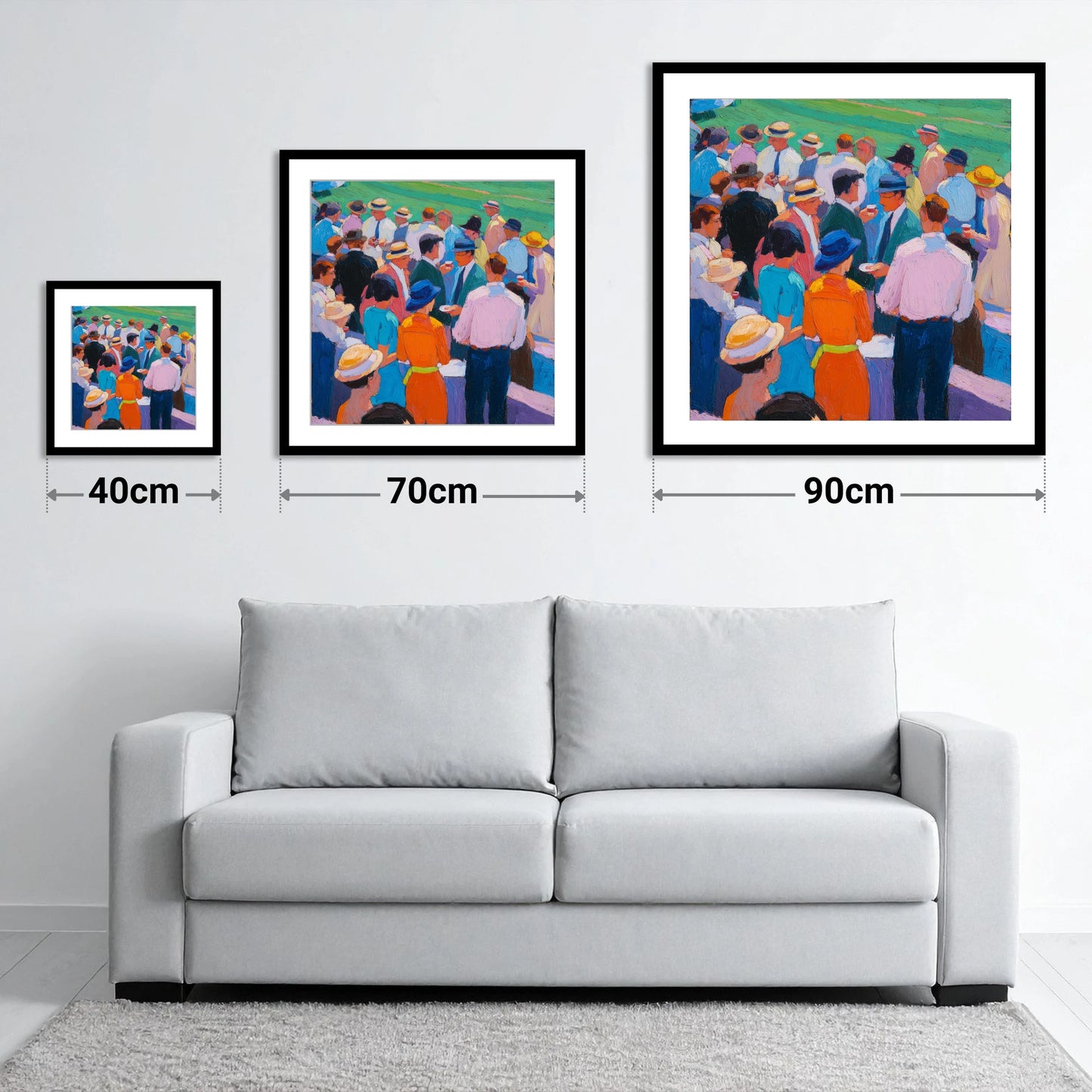 Colours of the Enclosure - size guide showing 40cm, 70cm and 90cm art prints