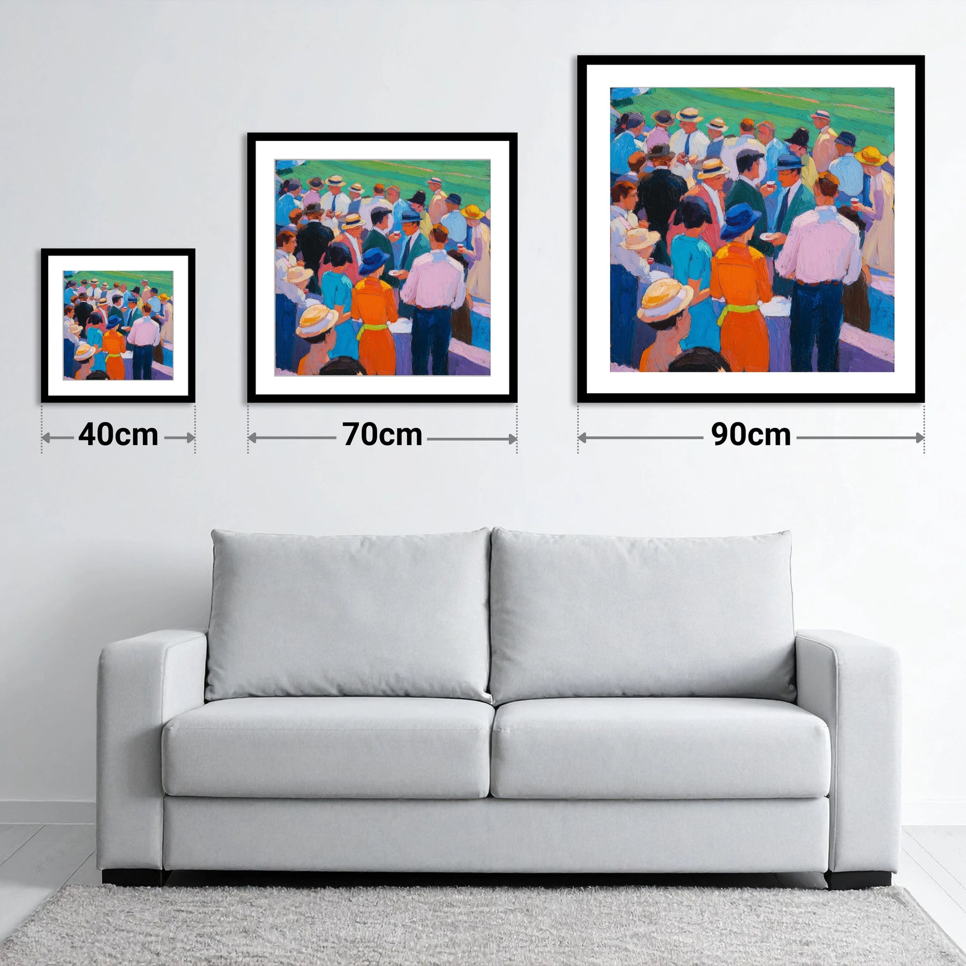 Colours of the Enclosure - size guide showing 40cm, 70cm and 90cm art prints