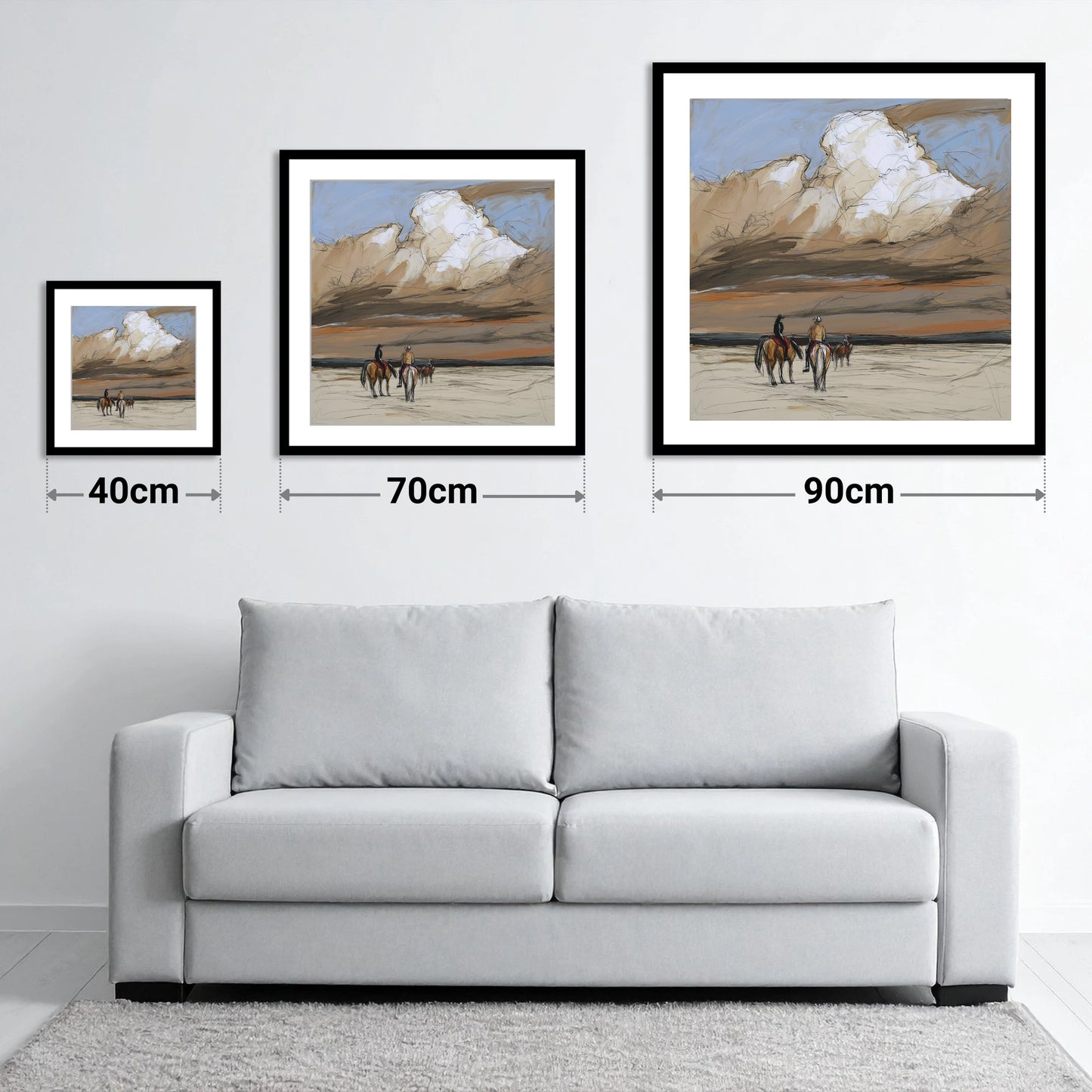 Boundless Skies - size guide showing 40cm, 70cm and 90cm art prints
