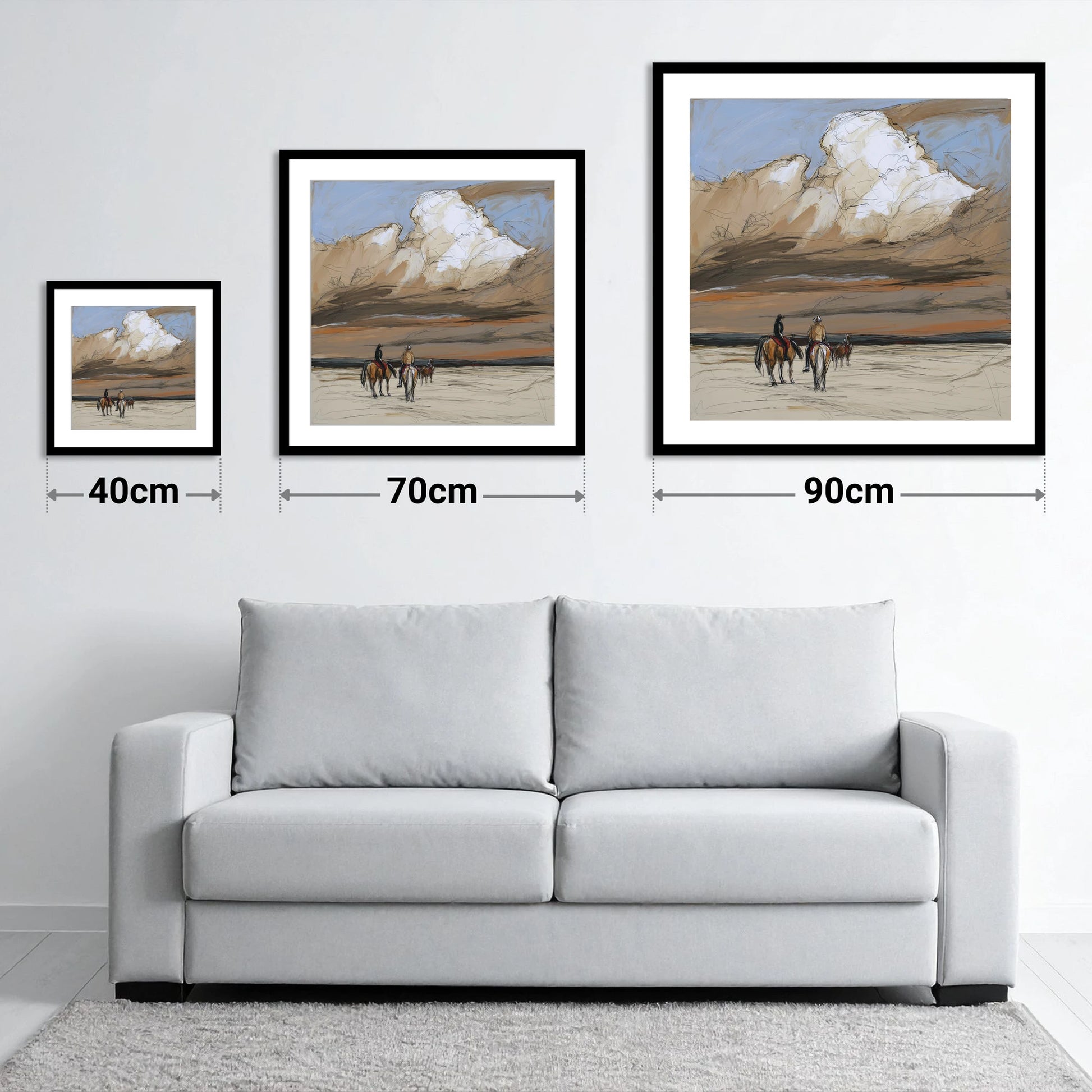 Boundless Skies - size guide showing 40cm, 70cm and 90cm art prints