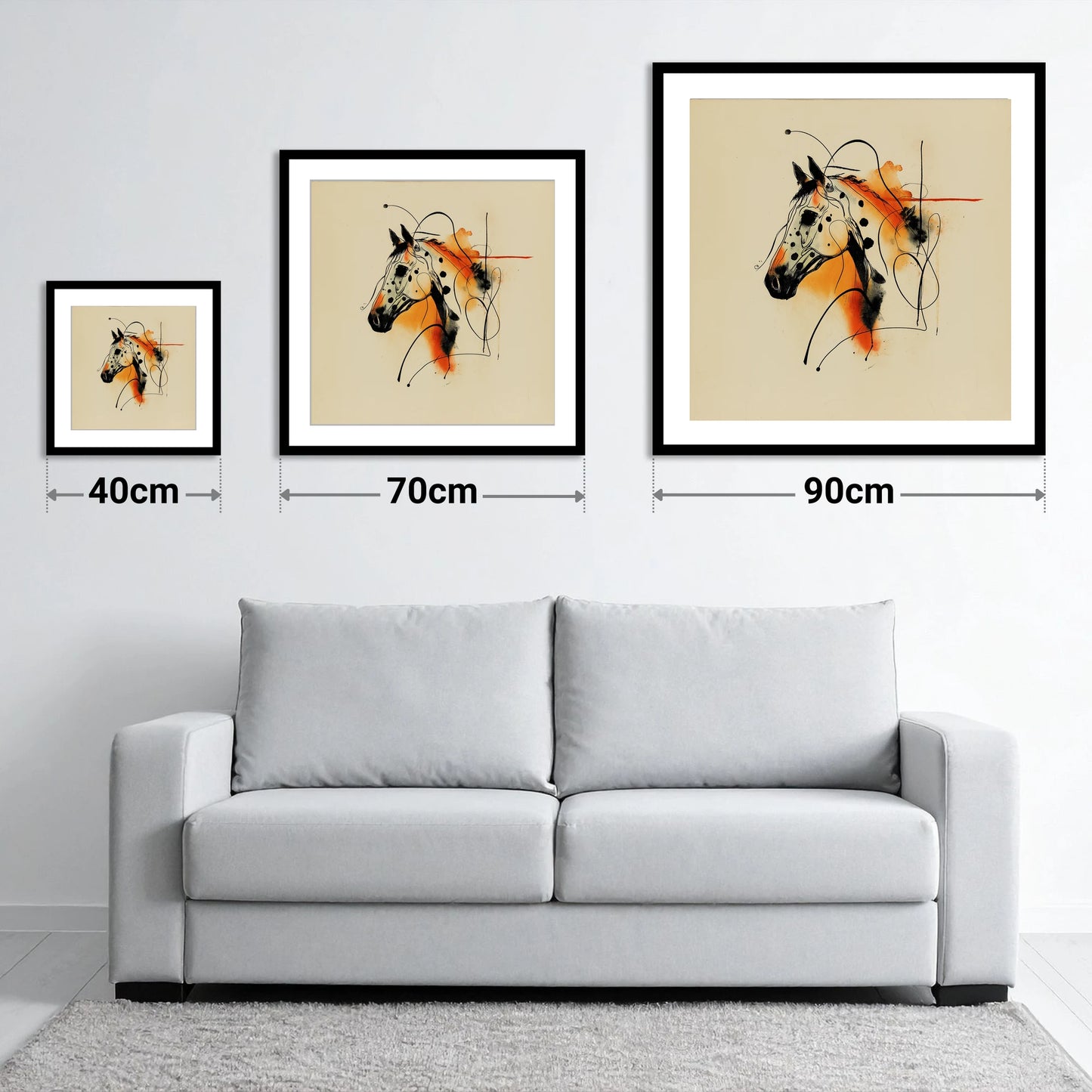 Vibrant Appaloosa Spirit - size guide showing 40cm, 70cm and 90cm art prints