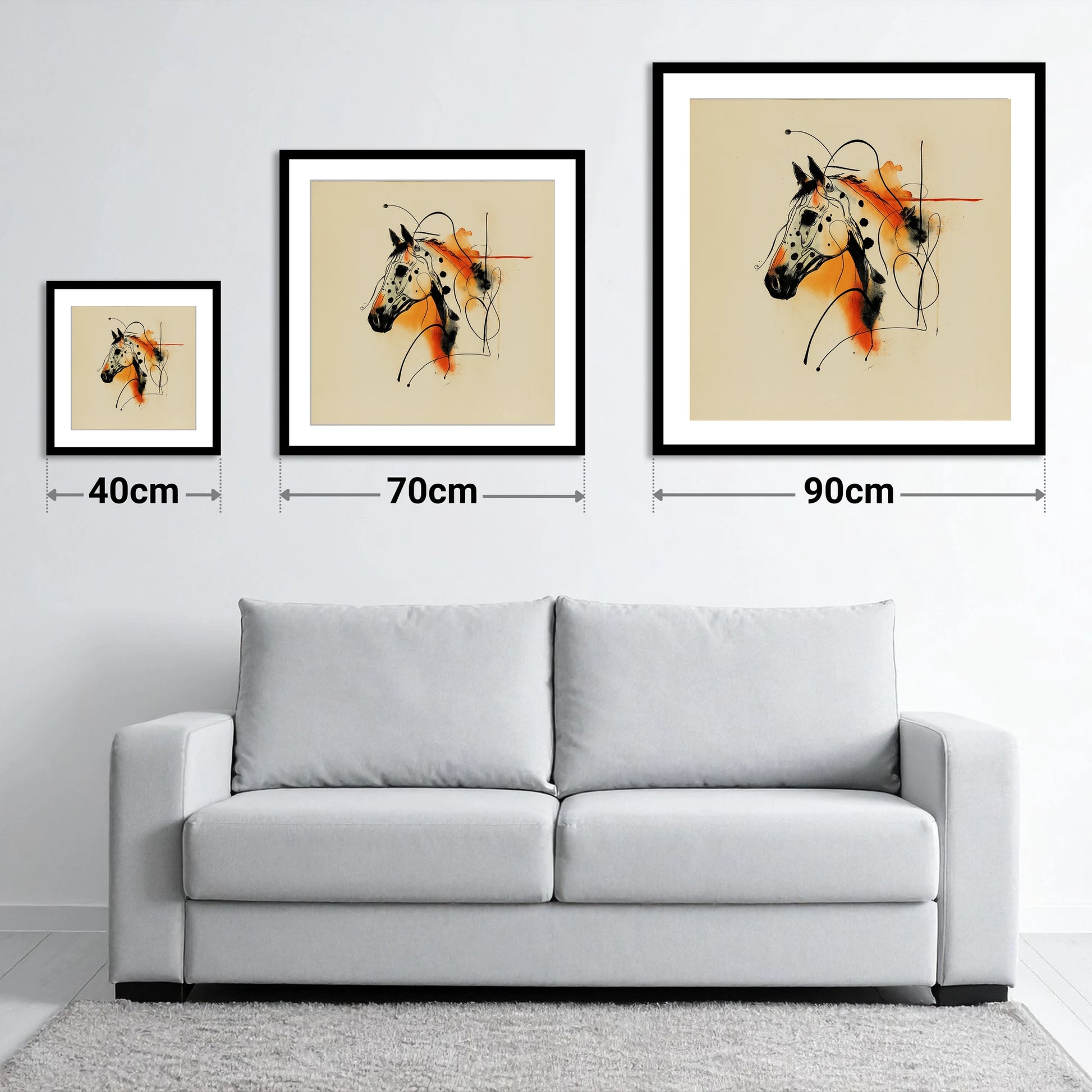 Vibrant Appaloosa Spirit - size guide showing 40cm, 70cm and 90cm art prints