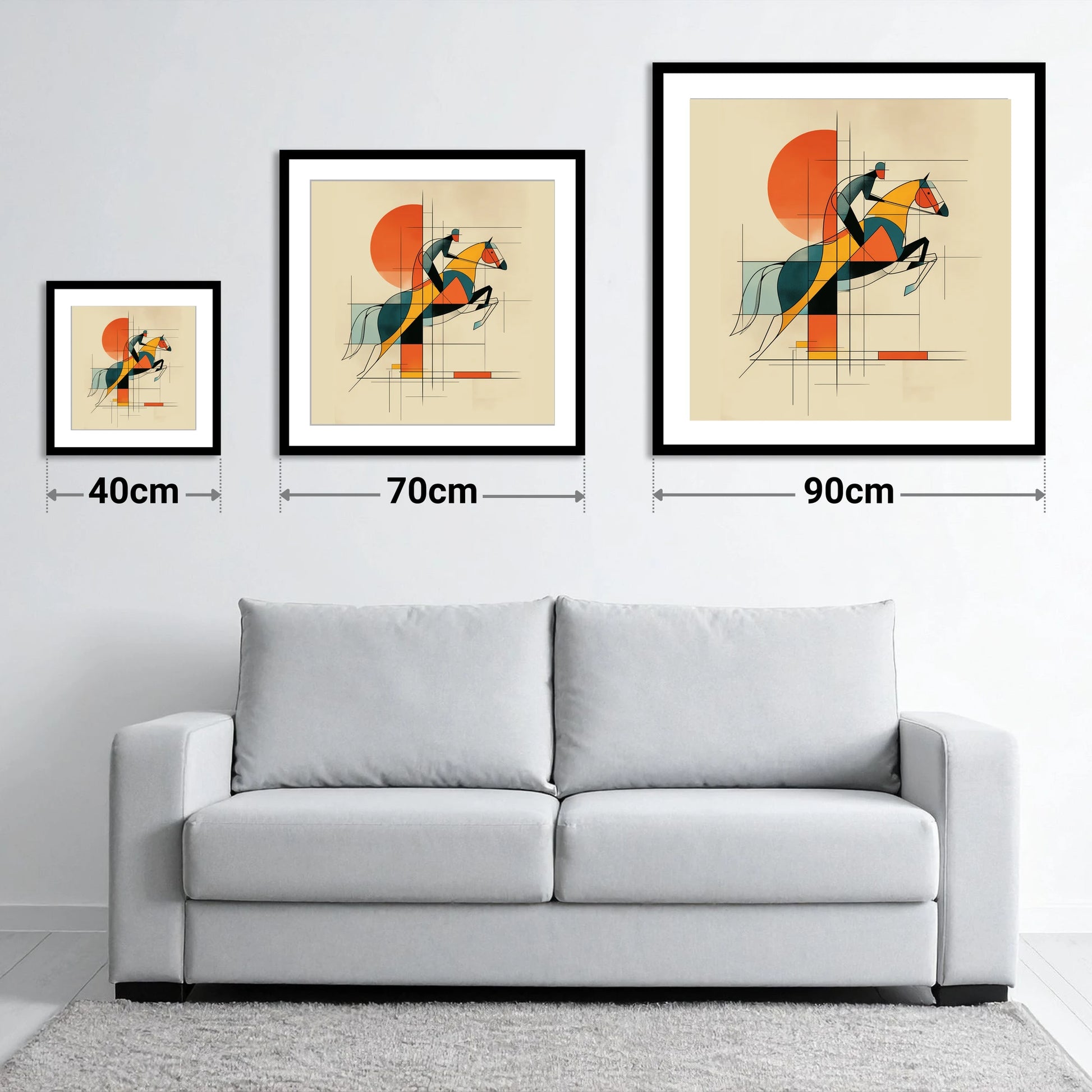 Structured Flight - size guide showing 40cm, 70cm and 90cm art prints
